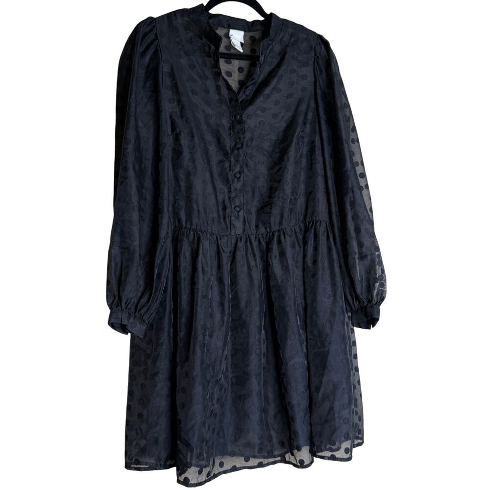 H&M Dress Women Medium Black Polka Dot Prairie Dark Academia Lagenlook ruched